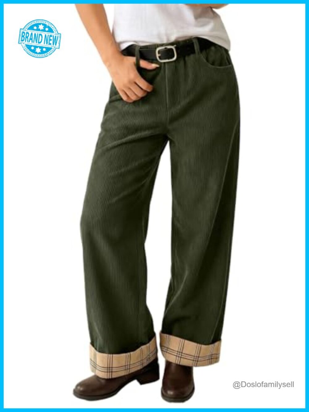 Corduroy Wide Leg Pants High Rise Elastic Waist Casual with Pockets - Picture 1 of 6